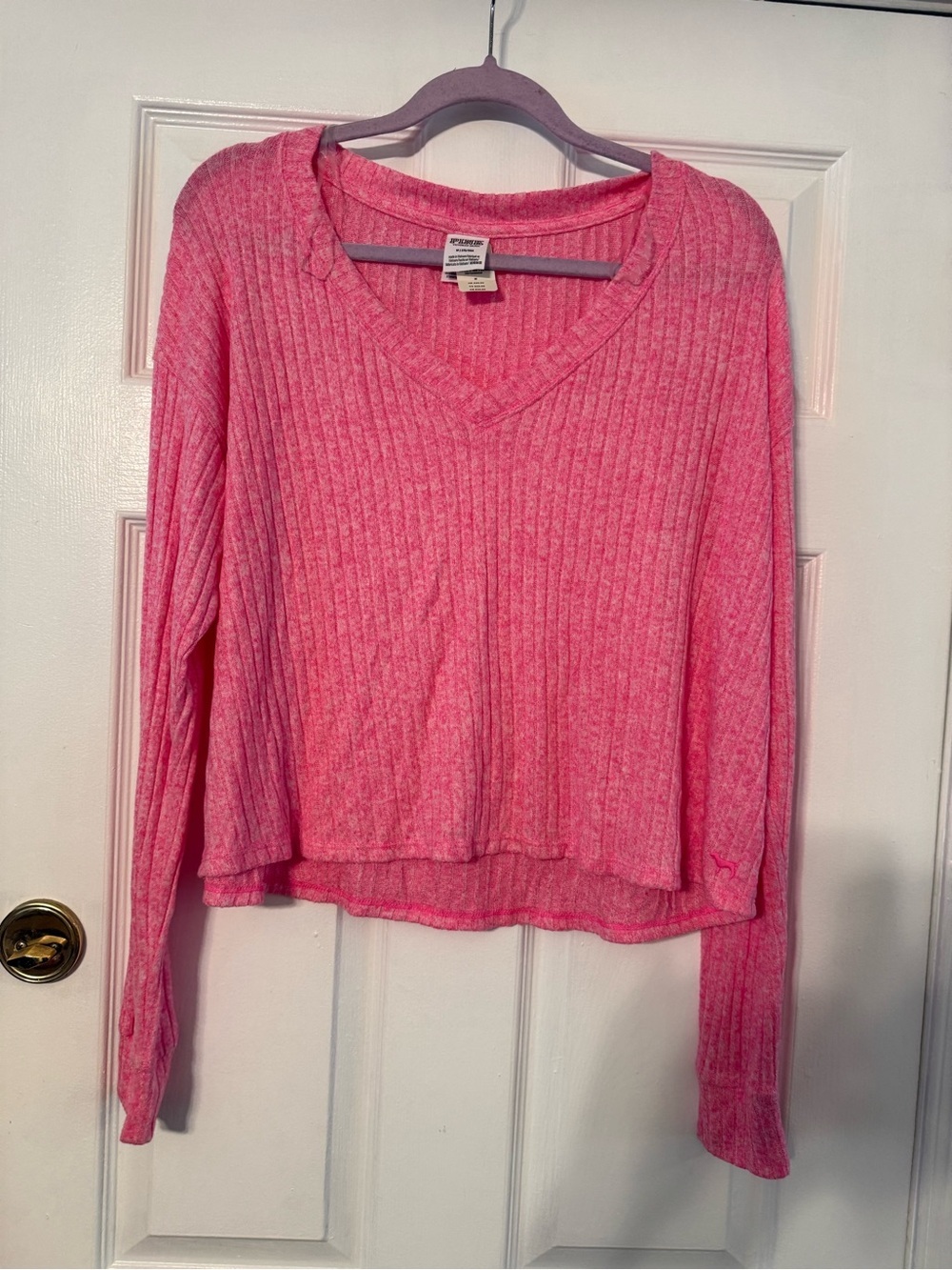 PINK Victoria's Secret Bright Pink Ribbed V-Neck Top
